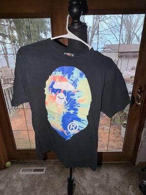 Bape Black Tee Label with Red Ape Head and Yellow Tag